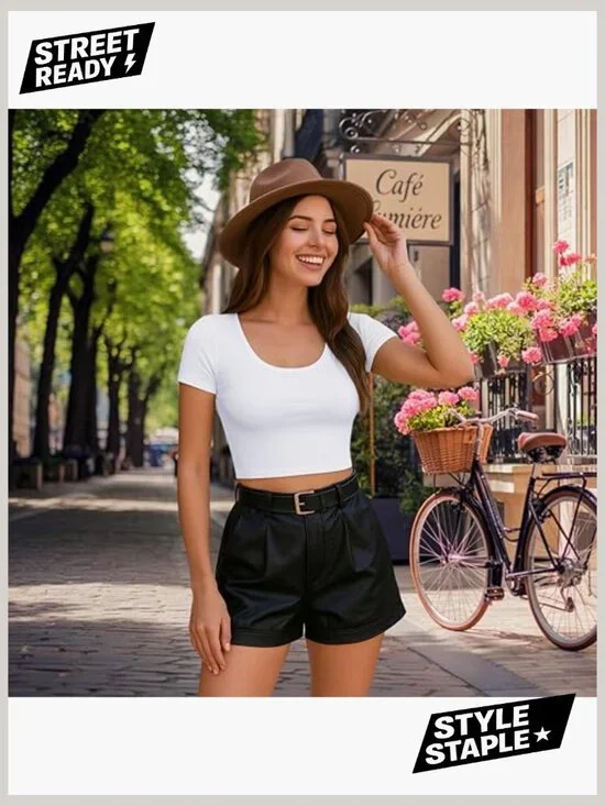 Slim Fit Scoop Neck Crop Top, Soft Cotton Blend, Casual Summer Tee - Picture 2 of 7